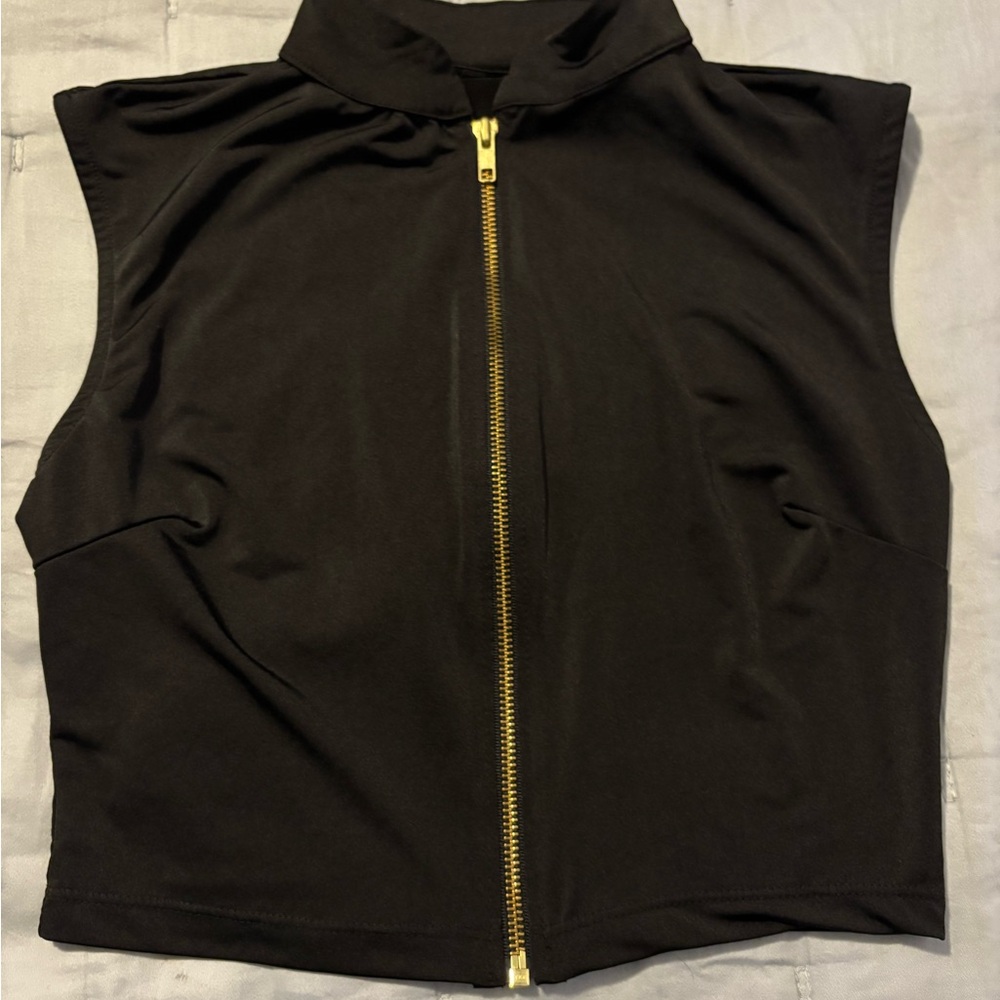 Black Sleeveless Zip-Front Tee with Gold Hardware